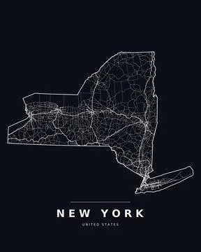 New York NY Map Counties Highways Roads Dark Mode Editable Vector Stock Illustration