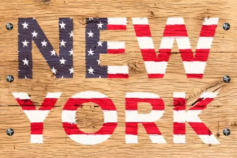 New york painted with pattern of flag united states old oak wood fastened Stock Illustration