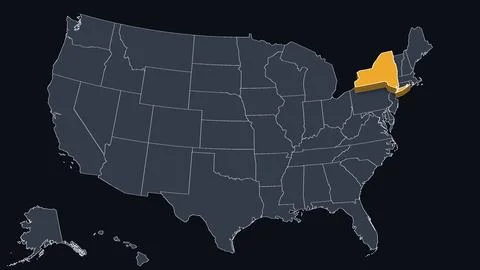 New York Raised in 3D on US Election Map Teal and Amber Highlight, Black Stock Illustration