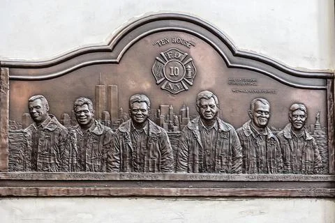 New-York Relief in tribute to the firefighters words on September 11 Stock Photos