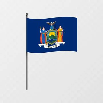 New York state flag on flagpole. Vector illustration. Stock Illustration