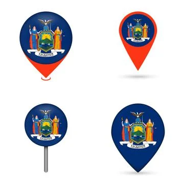 New York State Flag Map Pin Icons Set Collection Stock Illustration