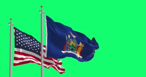 New York State flag waving with the American flag isolated on green backgroun Stock Footage 277655652