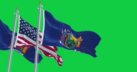 New York State flags waving with the American flag isolated on green backgrou Stock Footage 284471863