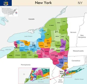 New York state map with counties borders and congressional districts Stock Illustration