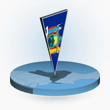 New York state map in round isometric style with triangular 3D flag of US S.. Stock Illustration