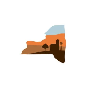 New York State Shape with Farm at Sunset that has Windmill, Barn, and a Tree Stock Illustration