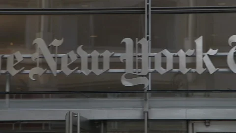 The New York Times building headquarter newspaper main entrance panoramic shot Stock Footage
