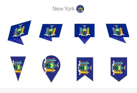 New York US State flag collection, eight versions of New York vector flags. 스톡 일러스트