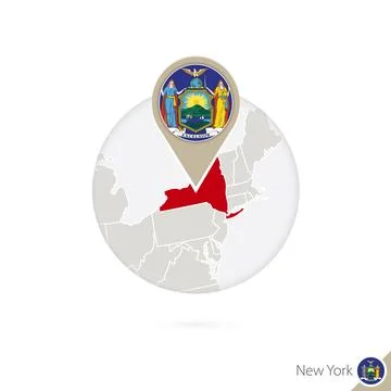 New York US State map and flag in circle. Map of New York, New York flag pi.. Stock Illustration