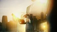 New York Usa Cityscape Businessman Digital Tablet. Double Exposure. Stock Footage