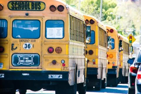New York, USA, May 3rd 2013. Taxis and Bus school in Manhatta, Stock Photos