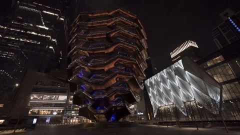 New York USA at Night, Pull Back View of Vessel Sculpture in Empty Hundson Stock Footage 128490487
