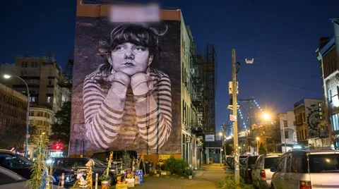 New York Williamsburg Timelapse Graffiti wall with girl Night street Stock Footage 60670582