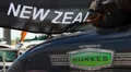 New Zealand black flag, wind blowing, old retro car HD Footage