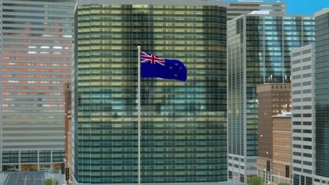 New Zealand Flag 3D Render Animation on Pole with Modern Business District B Stock-Footage 332877944
