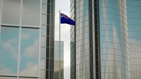 New Zealand Flag 3D Render Animation on Pole with City Buildings Stock Footage 332879247