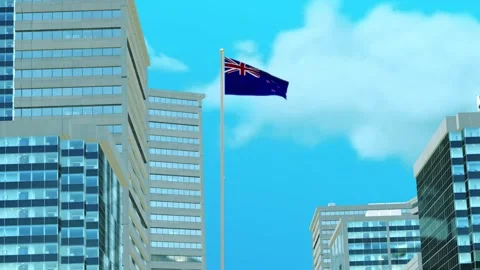 New Zealand Flag 3D Render Animation with Urban Architecture and Clear Blue  Video stock 332944846