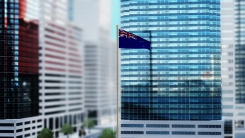 New Zealand Flag 3D Render Animation Waving in Front of Modern Glass Buildin Stockbeeldmateriaal 332950482