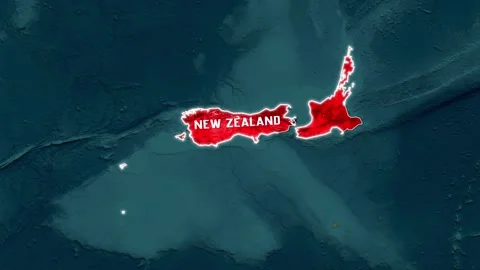 New Zealand map highlighted in red with national flag animation flying Stock Footage 342435482