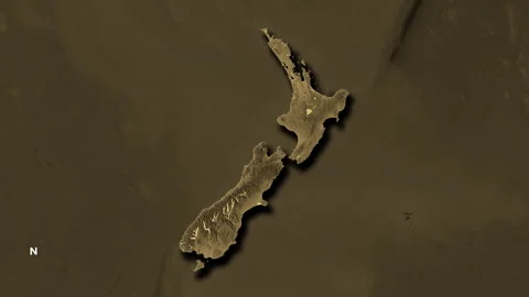 New Zealand map - solid. Shadow. Sepia. Labels Stock Footage 322714897