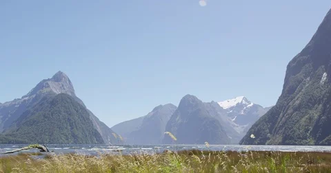 New Zealand nature landscape of Milford Sound in Fiordland showing Mitre Peak Stock Footage