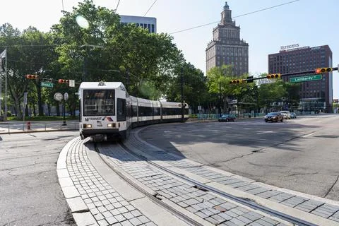 Newark Light Rail Crossing at Broad Street on a Sunny Day Stock Photos