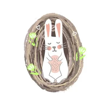 Newbor Easter Bunny Lying in th Nest. Spring or Nursery Print Stock Illustration