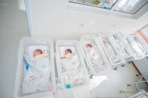 Newborn babies in nursery hospital Stock Photos