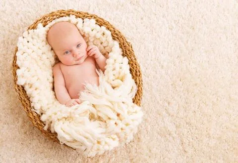 Newborn Baby, Beautiful New Born Kid One Month Old in Basket, Woolen Blanket Stock Photos
