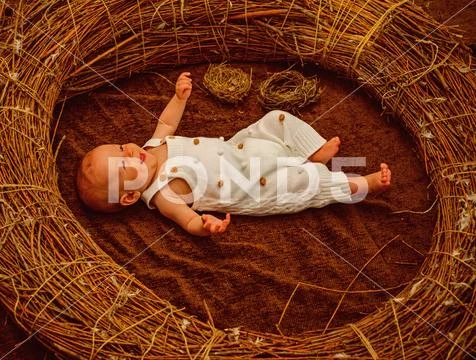 Newborn baby on day care. Happy newborn baby in crib. Safe motherhood service Stock Photos