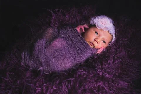 Newborn Baby Girl On Purple Background Stock Photos