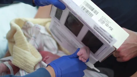 Newborn Baby in Hospital Getting First Footprints Stock Footage