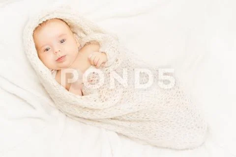 Newborn Baby, New Born Kid Swaddled in White Blanket, Infant Child Portrait Stock Photos