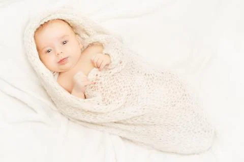 Newborn Baby, New Born Kid Swaddled in White Blanket, Infant Child Portrait Stock Photos