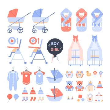 Newborn baby objects set on white background. Stock Illustration