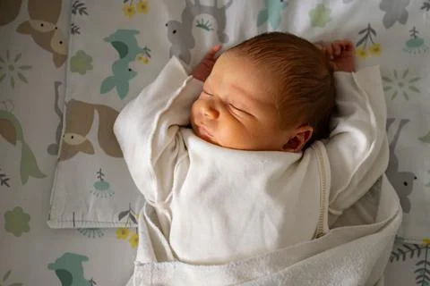 Newborn baby sleeping peacefully on a patterned crib sheet Stock Photos