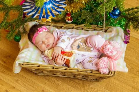 Newborn baby sleeps in a basket Stock Photos