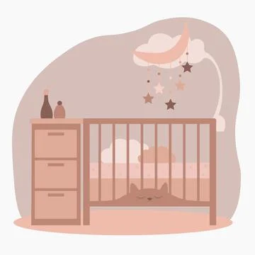 Newborn bed or crib with mobile toys and wardrobe. Stock Illustration