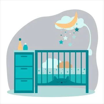 Newborn bed or crib with mobile toys and wardrobe. Vector. For postcards, pos Stock Illustration