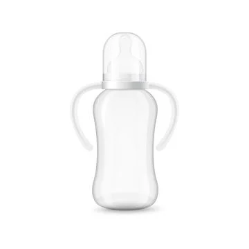 Newborn bottle with plastic cap, teat and handles, realistic vector illustration Stock Illustration