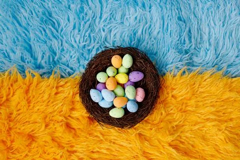 Newborn digital background flokati with easter egg decoration Stock Photos