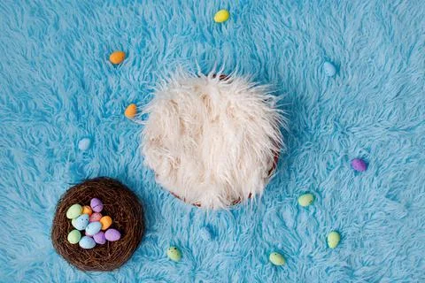 Newborn digital background flokati with easter egg decoration Stock Photos