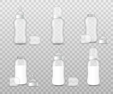 Newborn empty plastic or glass bottle set, 3d realistic vector illustration Stock Illustration