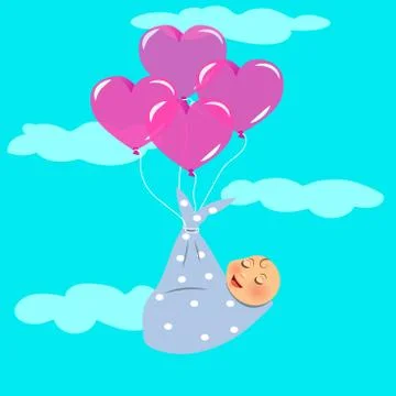 Newborn Fly with Balloon Stock Illustration