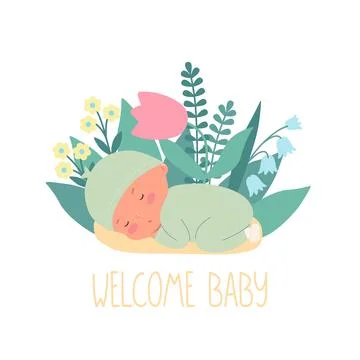Newborn sleeping surrounded by flowers. Vector illustration with child and text Illustrazione stock