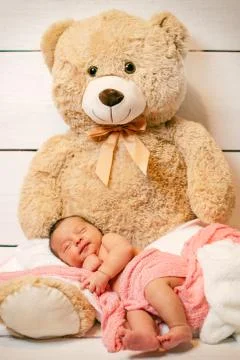Newborn sleeping on a teddy bear in studio Stock Photos