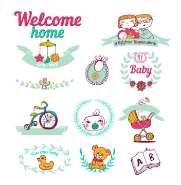 Newborn welcome home,  Icon set Stock Illustration