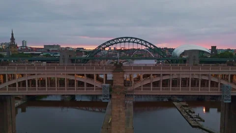 NewCastle High Level Bridge Climbing shot locked onto deck cloudy dawn Stock Footage 249452555
