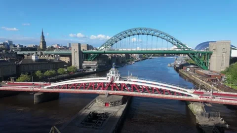 Newcastle Swing Bridge and Tyne Bridge Overview on a Sunny Day Stock Footage 338216460